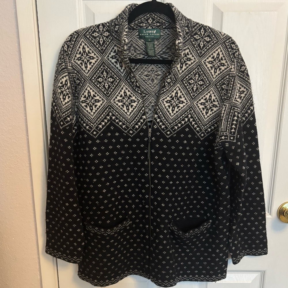Lauren Ralph Lauren Black & White Lambswool Western Zip Up Sweater Jacket, LP